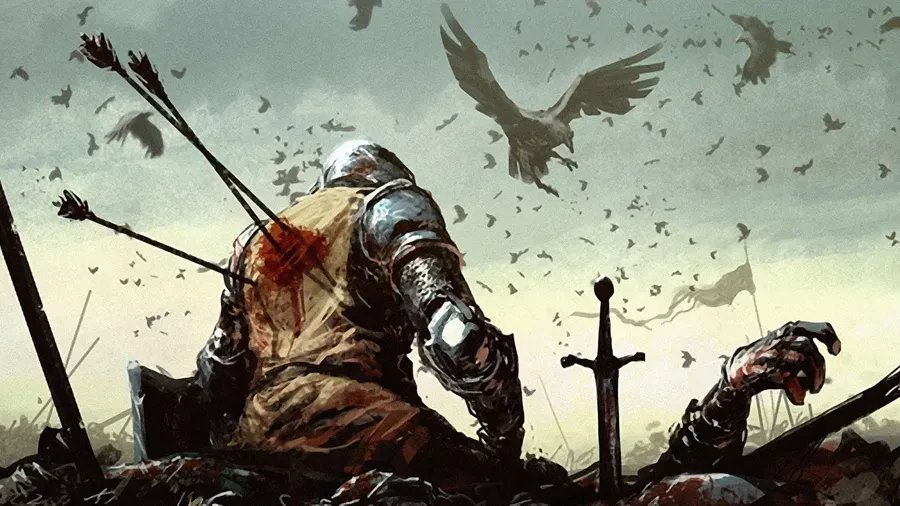 An illustration of a defeated knight on the battlefield, kneeling with arrows piercing his back, surrounded by crows flying overhead. The knight's armor is damaged, and his head is bowed in exhaustion and defeat. The grim atmosphere is emphasized by the overcast sky and scattered weapons and banners, suggesting the aftermath of a brutal battle.